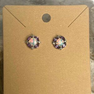Sterling Silver 925 Round Opal Amethyst Cubic Zirconia Stud Earrings